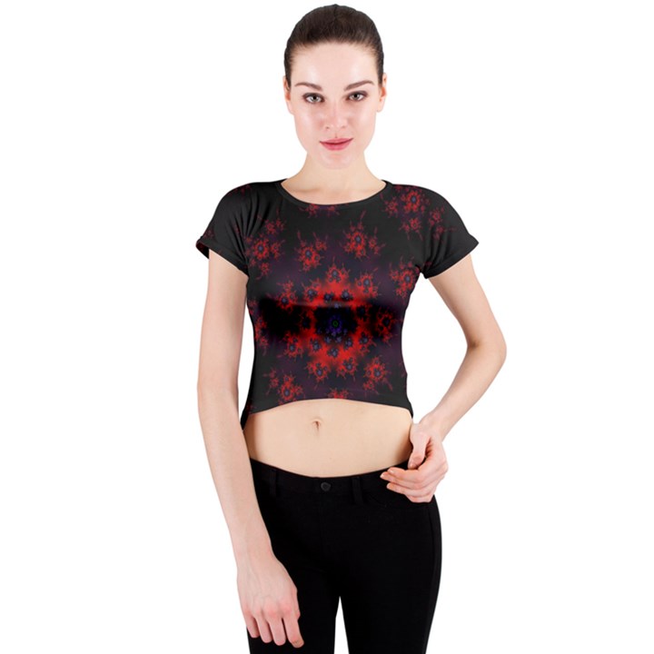 Fractal Abstract Blossom Bloom Red Crew Neck Crop Top