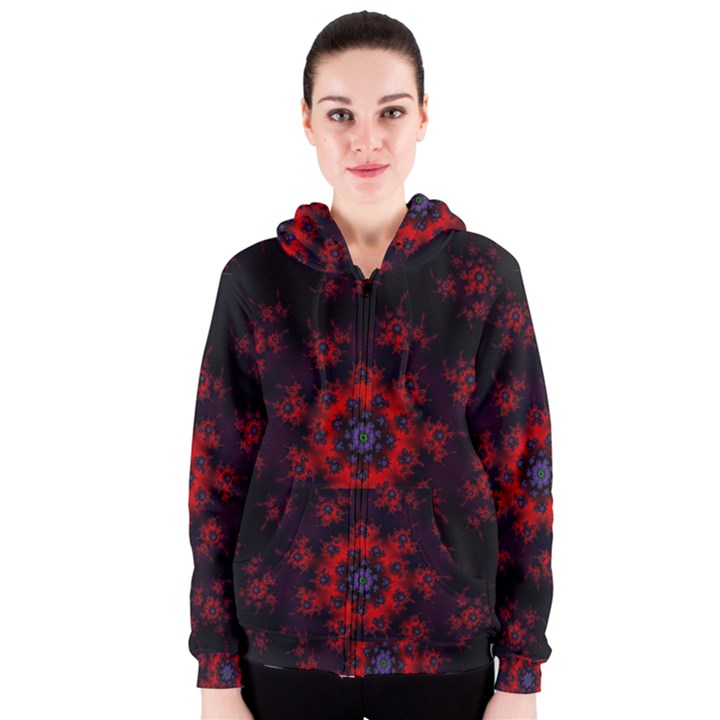 Fractal Abstract Blossom Bloom Red Women s Zipper Hoodie