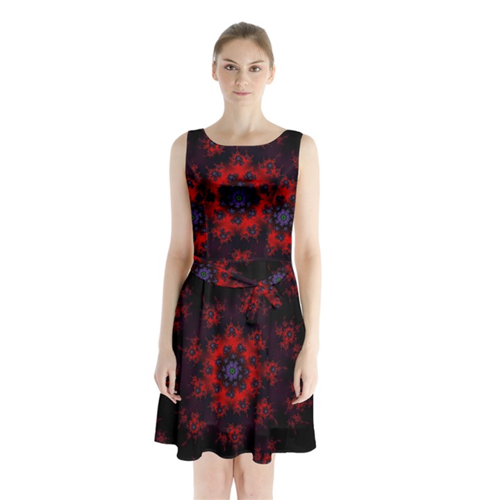 Fractal Abstract Blossom Bloom Red Sleeveless Chiffon Waist Tie Dress