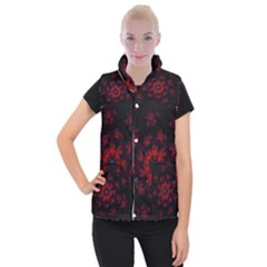 Fractal Abstract Blossom Bloom Red Women s Button Up Puffer Vest