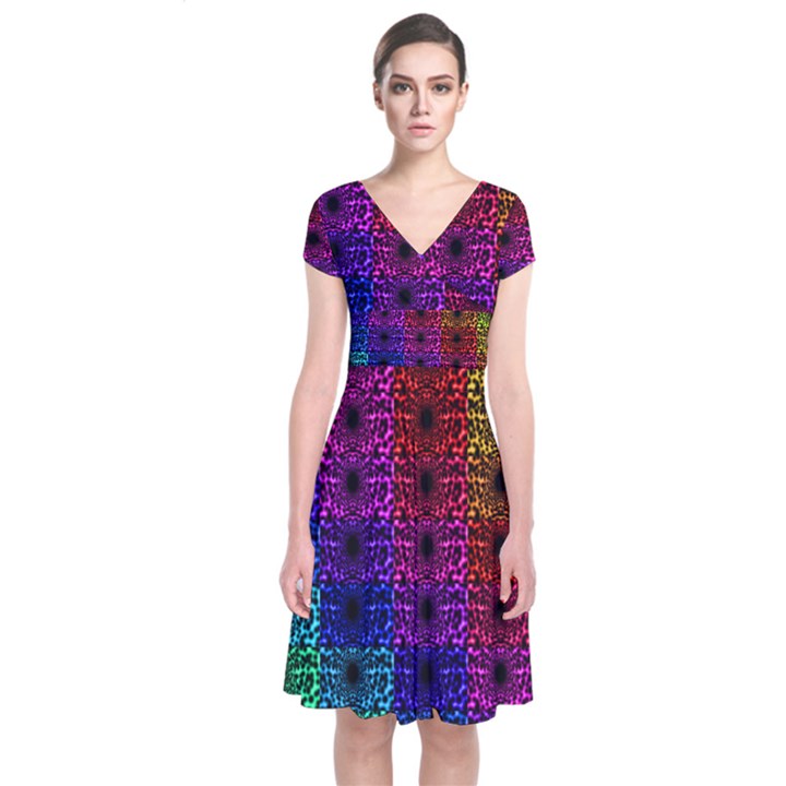 Rainbow Grid Form Abstract Short Sleeve Front Wrap Dress