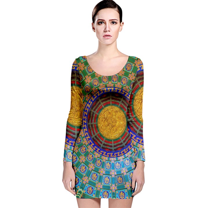 Temple Abstract Ceiling Chinese Long Sleeve Velvet Bodycon Dress