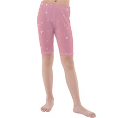 Pink Background With White Hearts On Lines Kids  Mid Length Swim Shorts