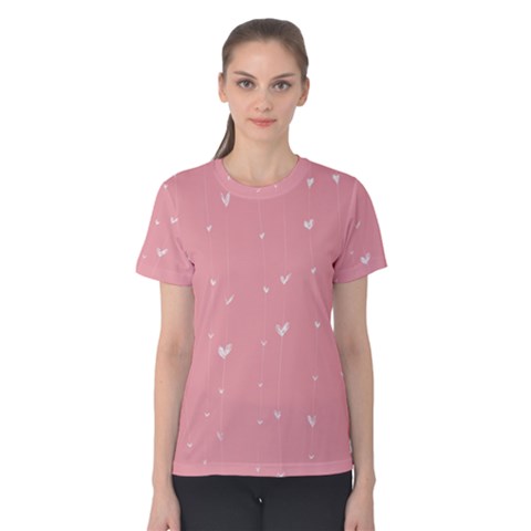 Pink Background With White Hearts On Lines Women s Cotton Tee by TastefulDesigns