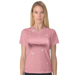 Pink Background With White Hearts On Lines Women s V-neck Sport Mesh Tee