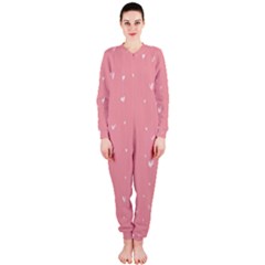 Pink Background With White Hearts On Lines Onepiece Jumpsuit (ladies)  by TastefulDesigns