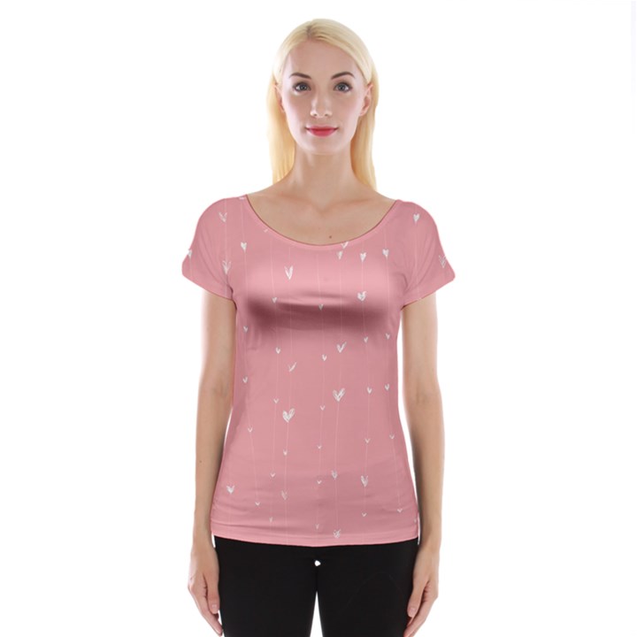 Pink background with white hearts on lines Women s Cap Sleeve Top