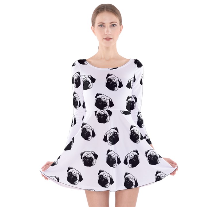 Pug dog pattern Long Sleeve Velvet Skater Dress