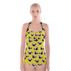 Pug Dog Pattern Boyleg Halter Swimsuit 