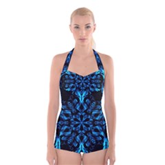 Blue Snowflake On Black Background Boyleg Halter Swimsuit 