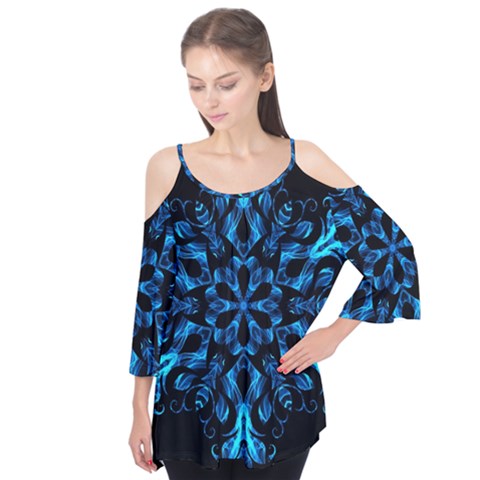 Blue Snowflake On Black Background Flutter Tees by Nexatart