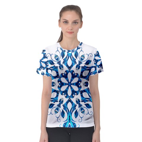 Blue Snowflake On Black Background Women s Sport Mesh Tee by Nexatart