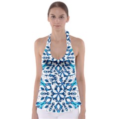 Blue Snowflake On Black Background Babydoll Tankini Top