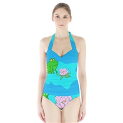 Frog Flower Lilypad Lily Pad Water Halter Swimsuit by Nexatart