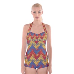 Aztec South American Pattern Zig Zag Boyleg Halter Swimsuit  by Nexatart