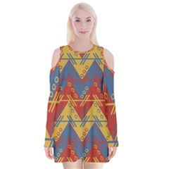 Aztec South American Pattern Zig Zag Velvet Long Sleeve Shoulder Cutout Dress by Nexatart