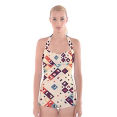 Squares In Retro Colors                Boyleg Halter Swimsuit