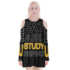 Eat Sleep Study Repeat Velvet Long Sleeve Shoulder Cutout Dress by Valentinaart