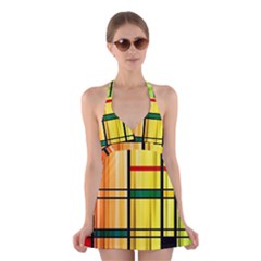 Line Rainbow Grid Abstract Halter Swimsuit Dress