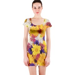 Colorful Flowers Pattern Short Sleeve Bodycon Dress