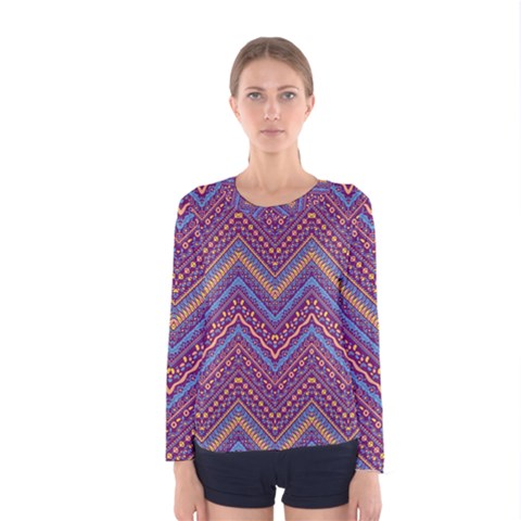 Colorful Ethnic Background With Zig Zag Pattern Design Women s Long Sleeve Tee by TastefulDesigns