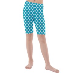 Sleeping Kitties Polka Dots Teal Kids  Mid Length Swim Shorts