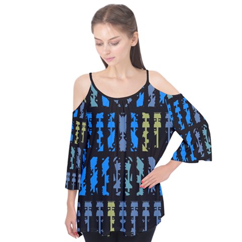 Blue Shapes On A Black Background   Flutter Sleeve Tee by LalyLauraFLM