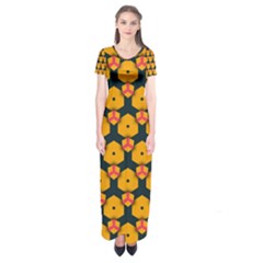 Yellow Pink Shapes Pattern    Short Sleeve Maxi Dress by LalyLauraFLM