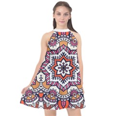 Floral-pattern Halter Neckline Chiffon Dress 
