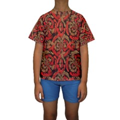 Red And Brown Pattern Kids  Short Sleeve Swimwear