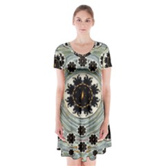 Wood In The Soft Fire Galaxy Pop Art Short Sleeve V-neck Flare Dress by pepitasart