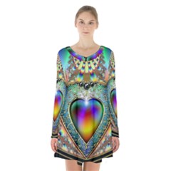 Rainbow Fractal Long Sleeve Velvet V-neck Dress