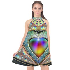 Rainbow Fractal Halter Neckline Chiffon Dress 