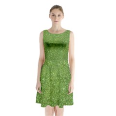 Green Glitter Abstract Texture Print Sleeveless Chiffon Waist Tie Dress