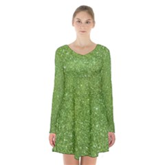 Green Glitter Abstract Texture Print Long Sleeve Velvet V-neck Dress by dflcprintsclothing