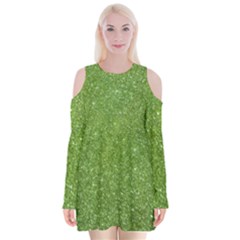 Green Glitter Abstract Texture Print Velvet Long Sleeve Shoulder Cutout Dress