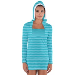 Abstract Blue Waves Pattern Women s Long Sleeve Hooded T-shirt