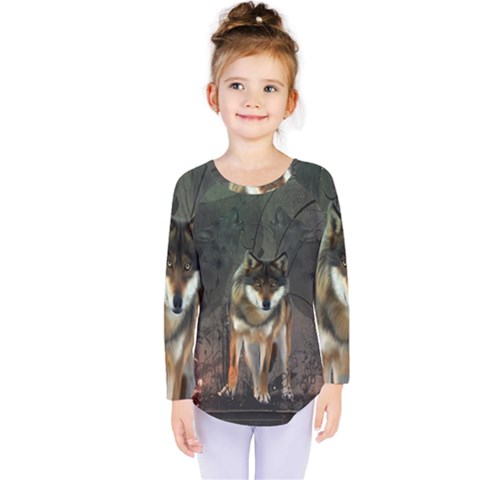 Awesome Wolf In The Night Kids  Long Sleeve Tee by FantasyWorld7