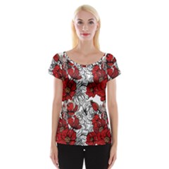 Hand Drawn Red Flowers Pattern Women s Cap Sleeve Top by TastefulDesigns