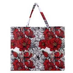 Hand Drawn Red Flowers Pattern Zipper Large Tote Bag by TastefulDesigns