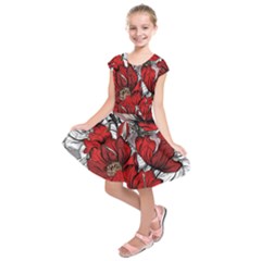 Red Flowers Pattern Kids  Short Sleeve Dress