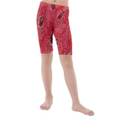 Red Peacock Floral Embroidered Long Qipao Traditional Chinese Cheongsam Mandarin Kids  Mid Length Swim Shorts
