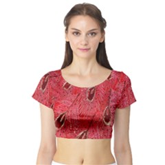 Red Peacock Floral Embroidered Long Qipao Traditional Chinese Cheongsam Mandarin Short Sleeve Crop Top (Tight Fit)