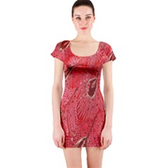 Red Peacock Floral Embroidered Long Qipao Traditional Chinese Cheongsam Mandarin Short Sleeve Bodycon Dress