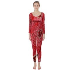 Red Peacock Floral Embroidered Long Qipao Traditional Chinese Cheongsam Mandarin Long Sleeve Catsuit