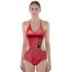 Red Peacock Floral Embroidered Long Qipao Traditional Chinese Cheongsam Mandarin Cut-Out One Piece Swimsuit