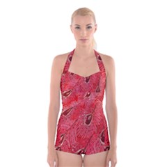 Red Peacock Floral Embroidered Long Qipao Traditional Chinese Cheongsam Mandarin Boyleg Halter Swimsuit 