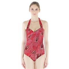 Red Peacock Floral Embroidered Long Qipao Traditional Chinese Cheongsam Mandarin Halter Swimsuit