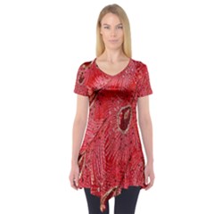 Red Peacock Floral Embroidered Long Qipao Traditional Chinese Cheongsam Mandarin Short Sleeve Tunic 