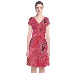 Red Peacock Floral Embroidered Long Qipao Traditional Chinese Cheongsam Mandarin Short Sleeve Front Wrap Dress